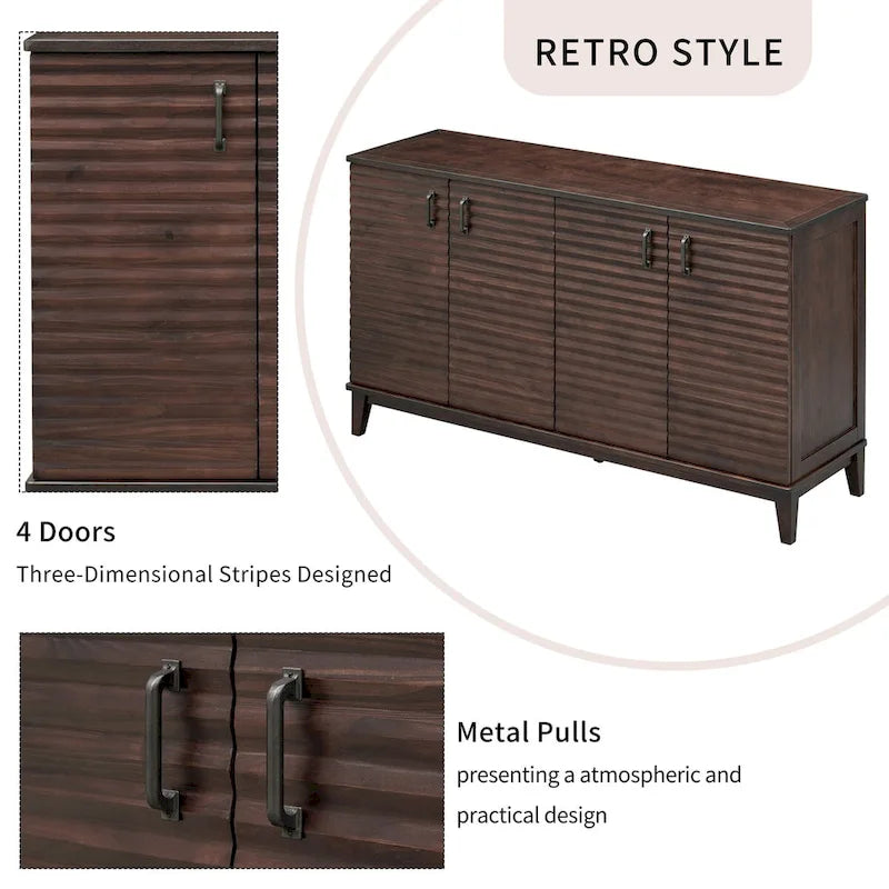Bahut avec 4 portes, grand buffet de rangement avec étagères réglables et poignées en métal pour cuisine, salon, salle à manger