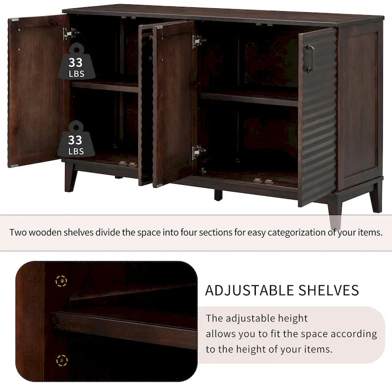 Bahut avec 4 portes, grand buffet de rangement avec étagères réglables et poignées en métal pour cuisine, salon, salle à manger