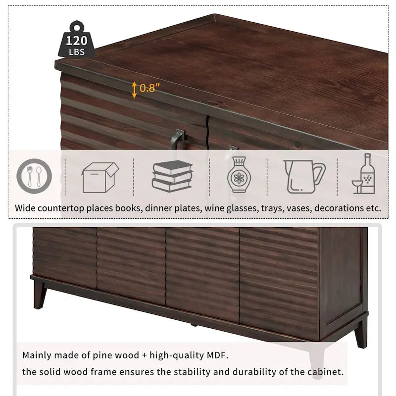 Bahut avec 4 portes, grand buffet de rangement avec étagères réglables et poignées en métal pour cuisine, salon, salle à manger
