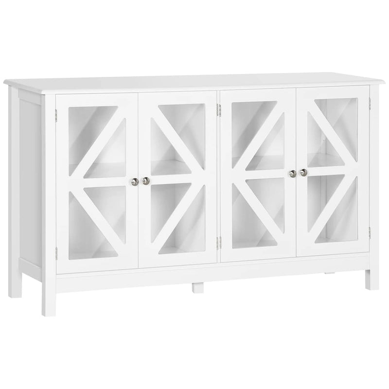 Bahut, buffet avec 4 portes en verre trempé et étagère de rangement réglable, crédence, blanc