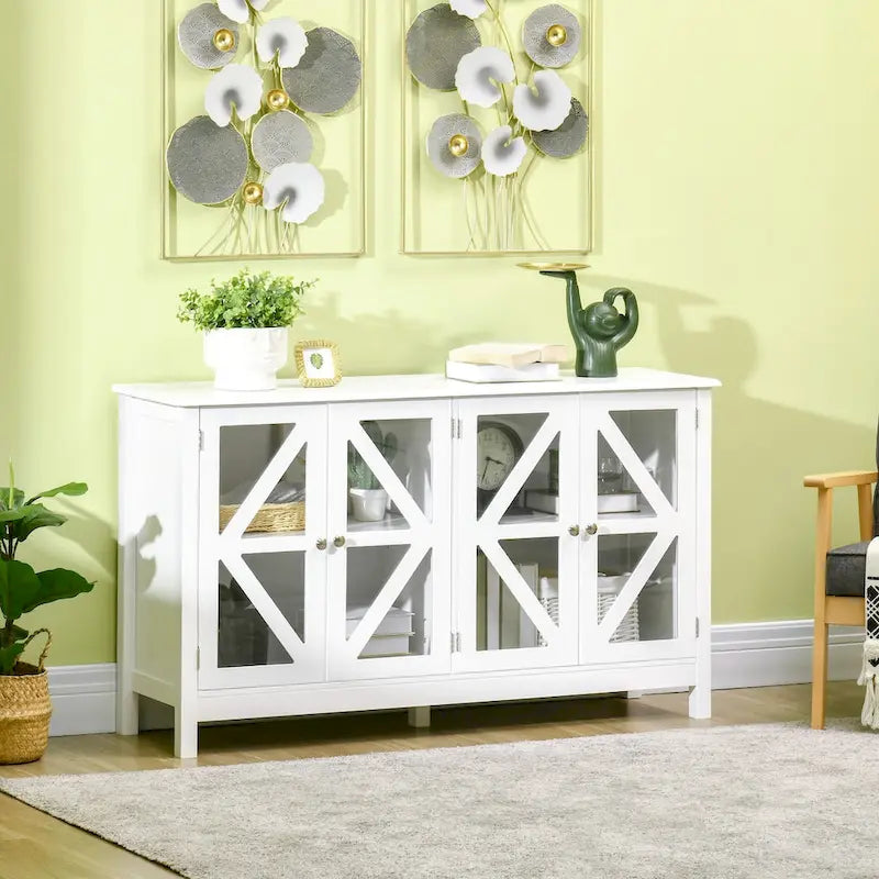 Bahut, buffet avec 4 portes en verre trempé et étagère de rangement réglable, crédence, blanc