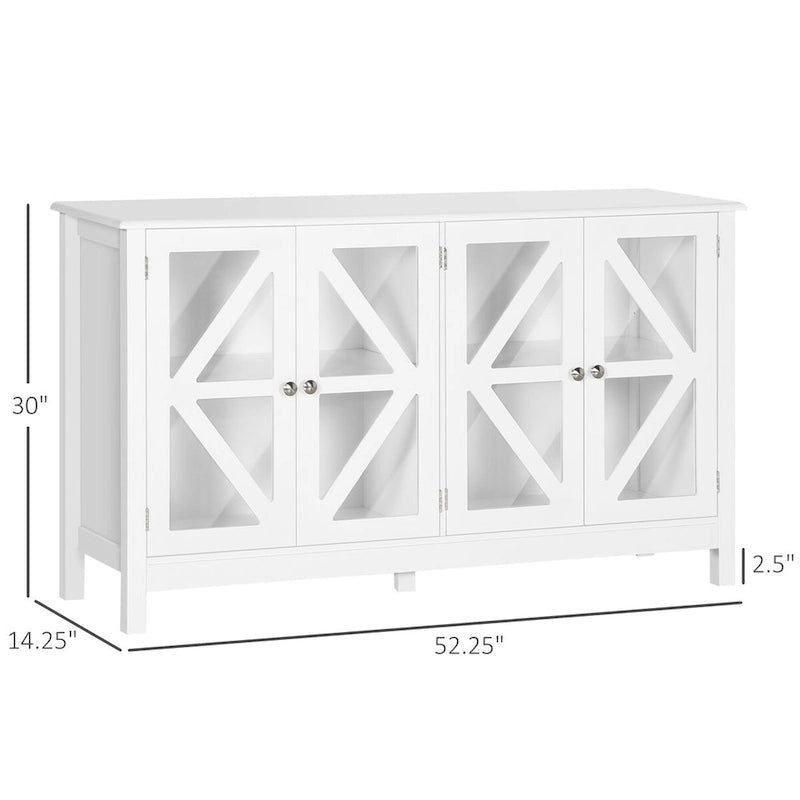 Bahut, buffet avec 4 portes en verre trempé et étagère de rangement réglable, crédence, blanc