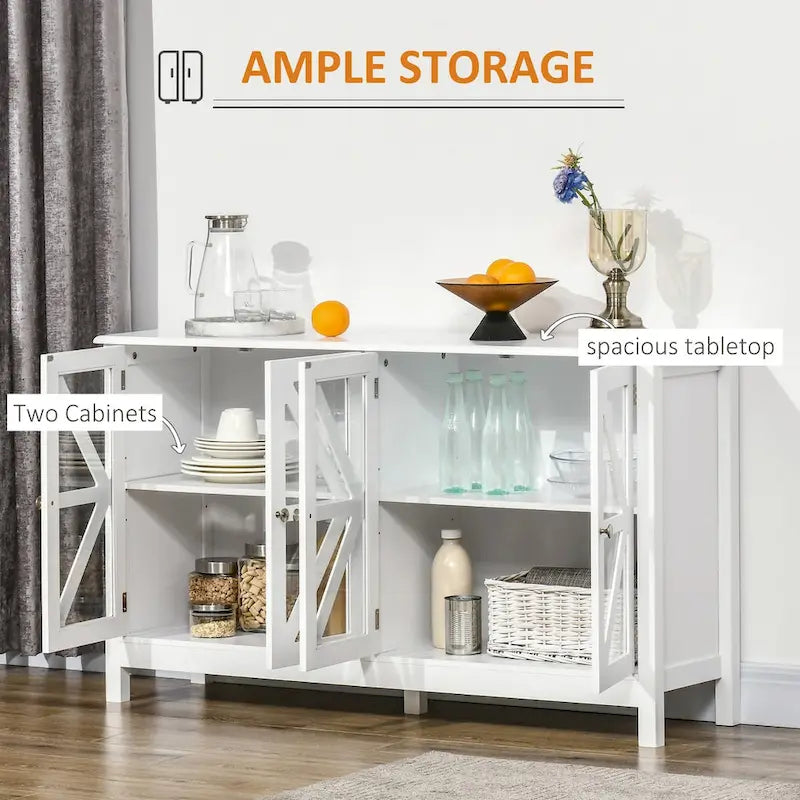Bahut, buffet avec 4 portes en verre trempé et étagère de rangement réglable, crédence, blanc