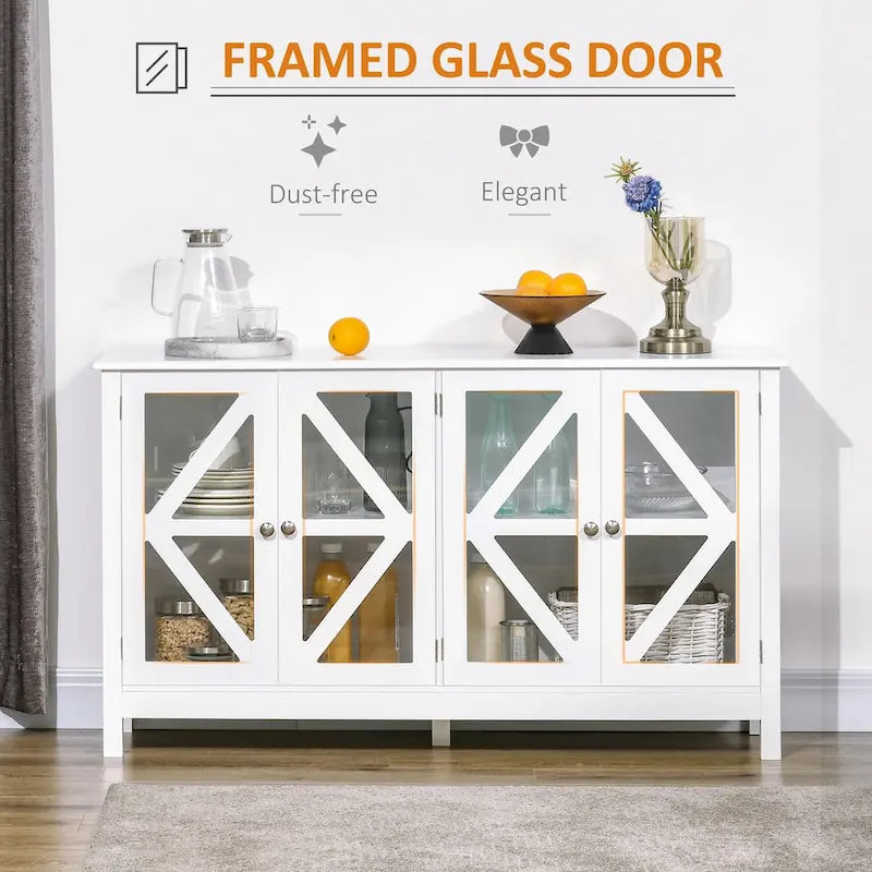Bahut, buffet avec 4 portes en verre trempé et étagère de rangement réglable, crédence, blanc