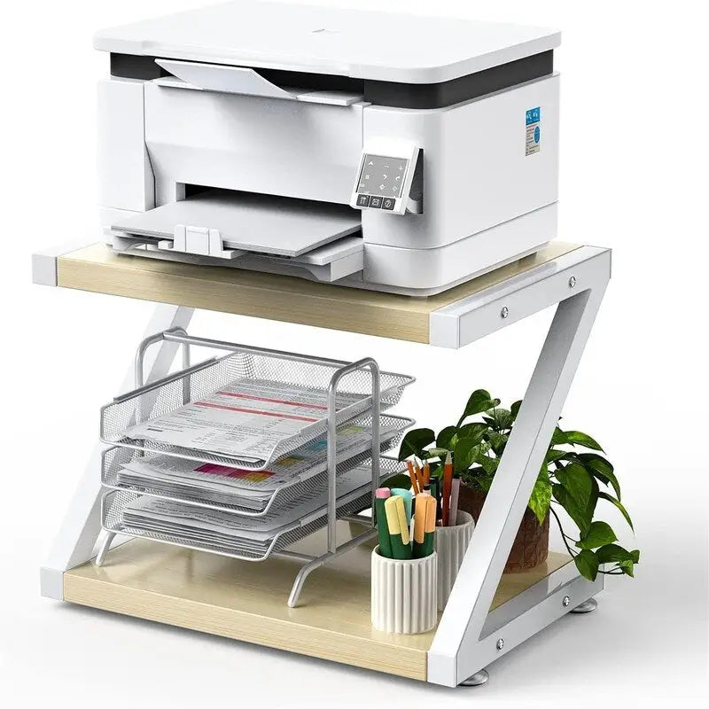 Support d'Imprimante de Bureau avec 2 Niveaux d'Étagères de Rangement en Bois - 17,36x11,26x11,34