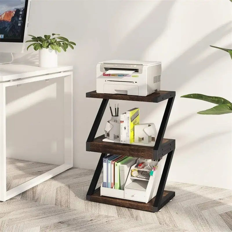 Support d'Imprimante de Bureau avec 2 Niveaux d'Étagères de Rangement en Bois - 17,36x11,26x11,34