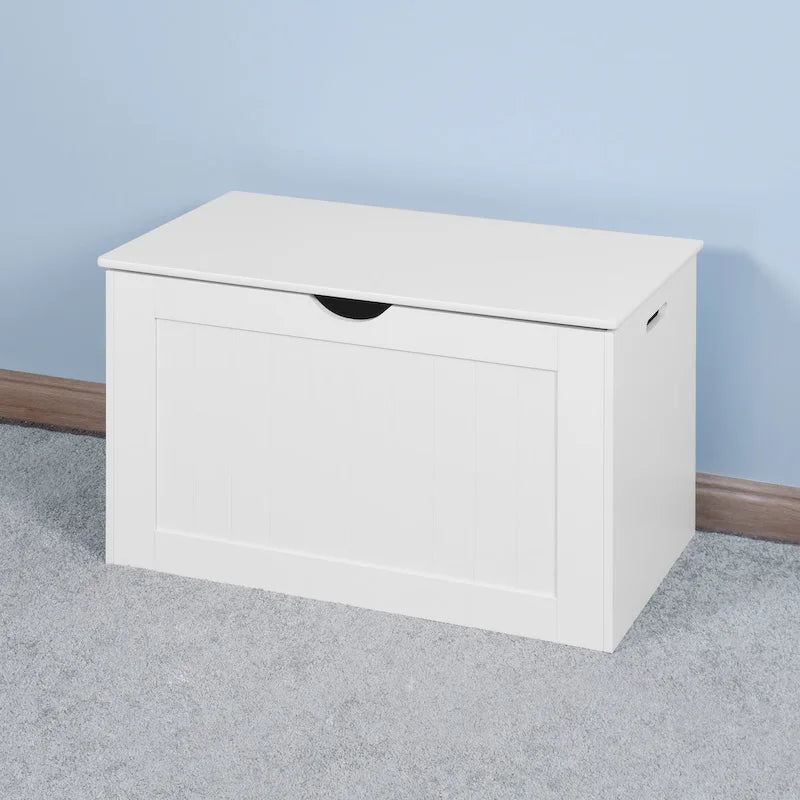 Meuble de rangement d'entrée blanc avec plateau relevable, 2 charnières de sécurité, coffre à jouets en bois