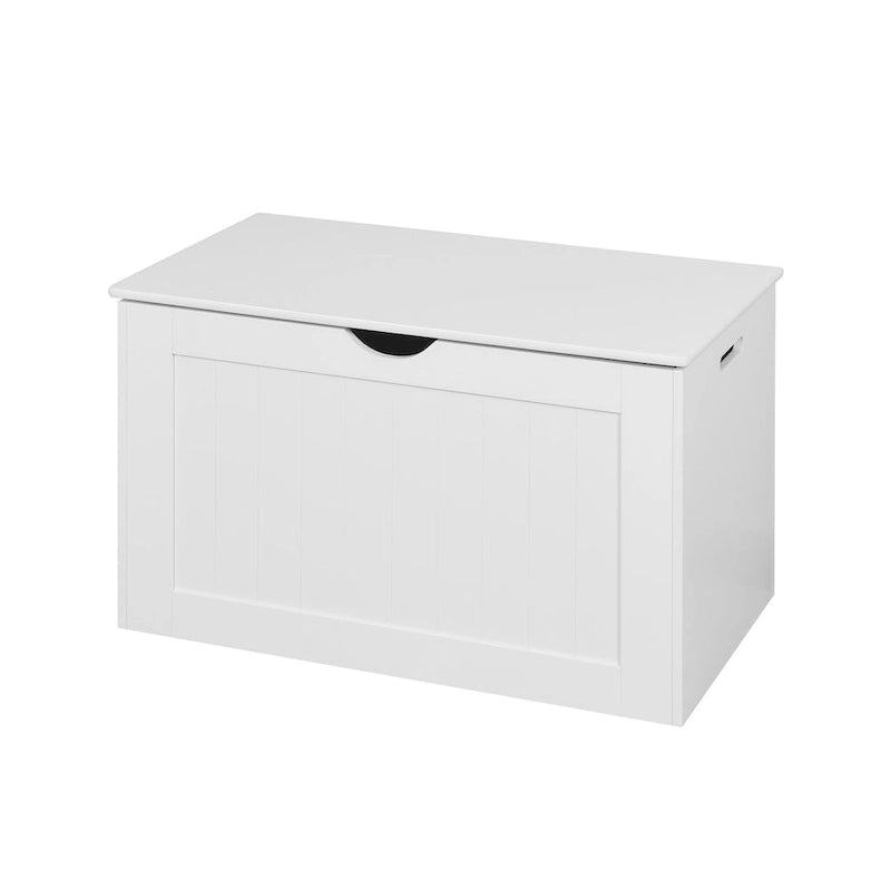 Meuble de rangement d'entrée blanc avec plateau relevable, 2 charnières de sécurité, coffre à jouets en bois