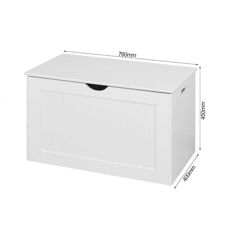 Meuble de rangement d'entrée blanc avec plateau relevable, 2 charnières de sécurité, coffre à jouets en bois