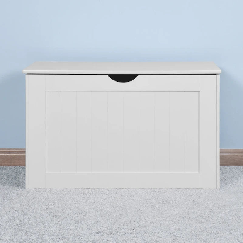 Meuble de rangement d'entrée blanc avec plateau relevable, 2 charnières de sécurité, coffre à jouets en bois