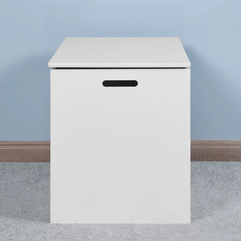 Meuble de rangement d'entrée blanc avec plateau relevable, 2 charnières de sécurité, coffre à jouets en bois