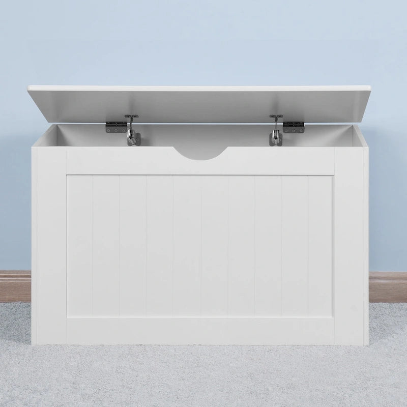Meuble de rangement d'entrée blanc avec plateau relevable, 2 charnières de sécurité, coffre à jouets en bois