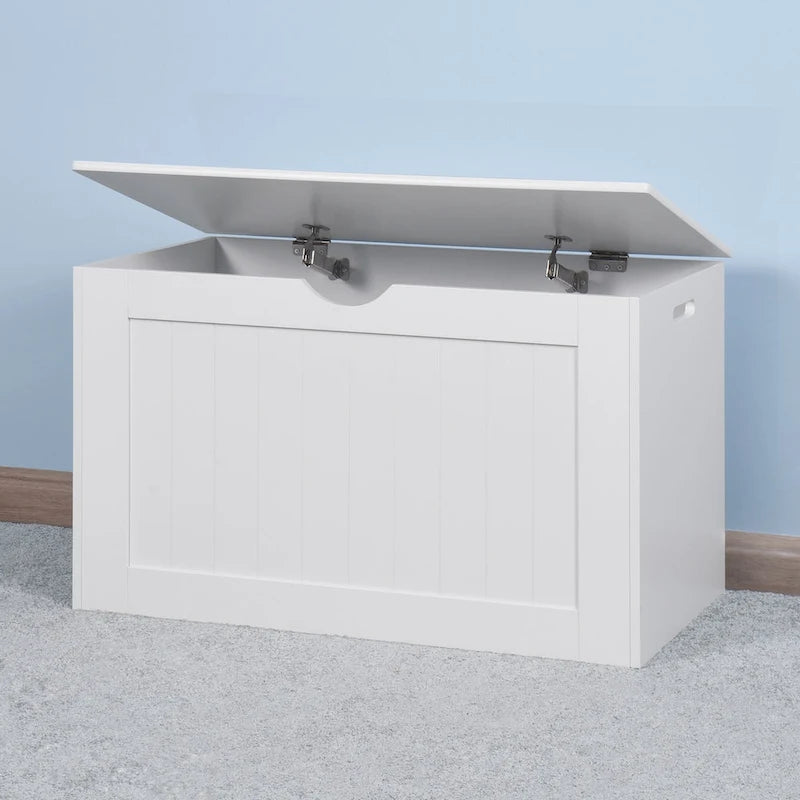 Meuble de rangement d'entrée blanc avec plateau relevable, 2 charnières de sécurité, coffre à jouets en bois