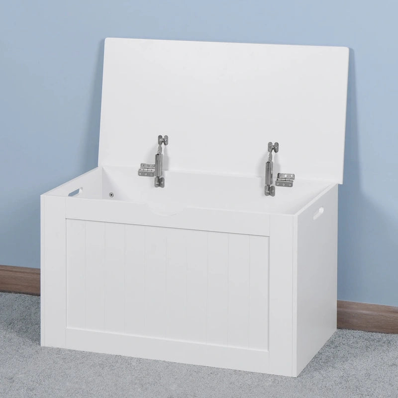 Meuble de rangement d'entrée blanc avec plateau relevable, 2 charnières de sécurité, coffre à jouets en bois