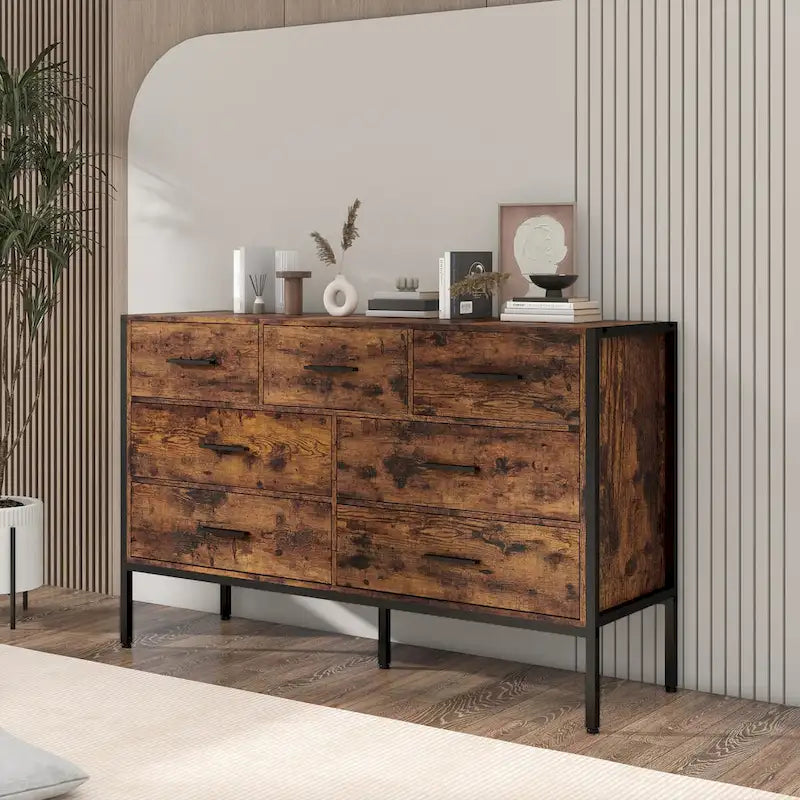 Commode de rangement en bois à 7 tiroirs, armoire à vêtements solide avec cadre en acier robuste, 123,4 cm L x 40 cm P x 79,3 cm H, marron rustique