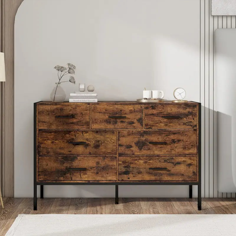 Commode de rangement en bois à 7 tiroirs, armoire à vêtements solide avec cadre en acier robuste, 123,4 cm L x 40 cm P x 79,3 cm H, marron rustique