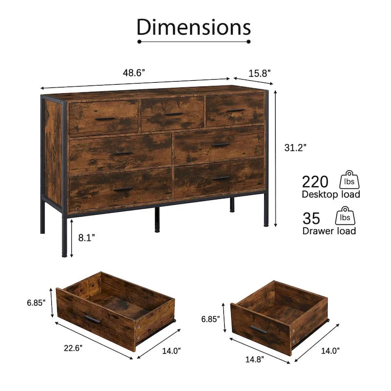 Commode de rangement en bois à 7 tiroirs, armoire à vêtements solide avec cadre en acier robuste, 123,4 cm L x 40 cm P x 79,3 cm H, marron rustique