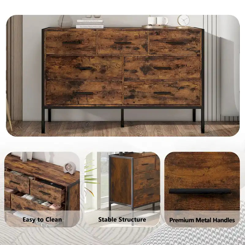Commode de rangement en bois à 7 tiroirs, armoire à vêtements solide avec cadre en acier robuste, 123,4 cm L x 40 cm P x 79,3 cm H, marron rustique