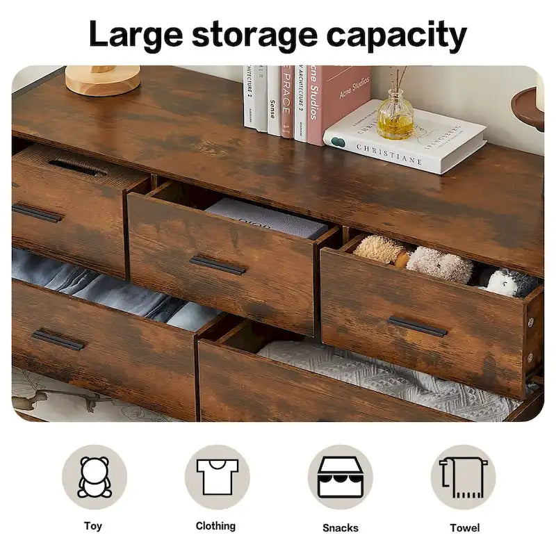 Commode de rangement en bois à 7 tiroirs, armoire à vêtements solide avec cadre en acier robuste, 123,4 cm L x 40 cm P x 79,3 cm H, marron rustique