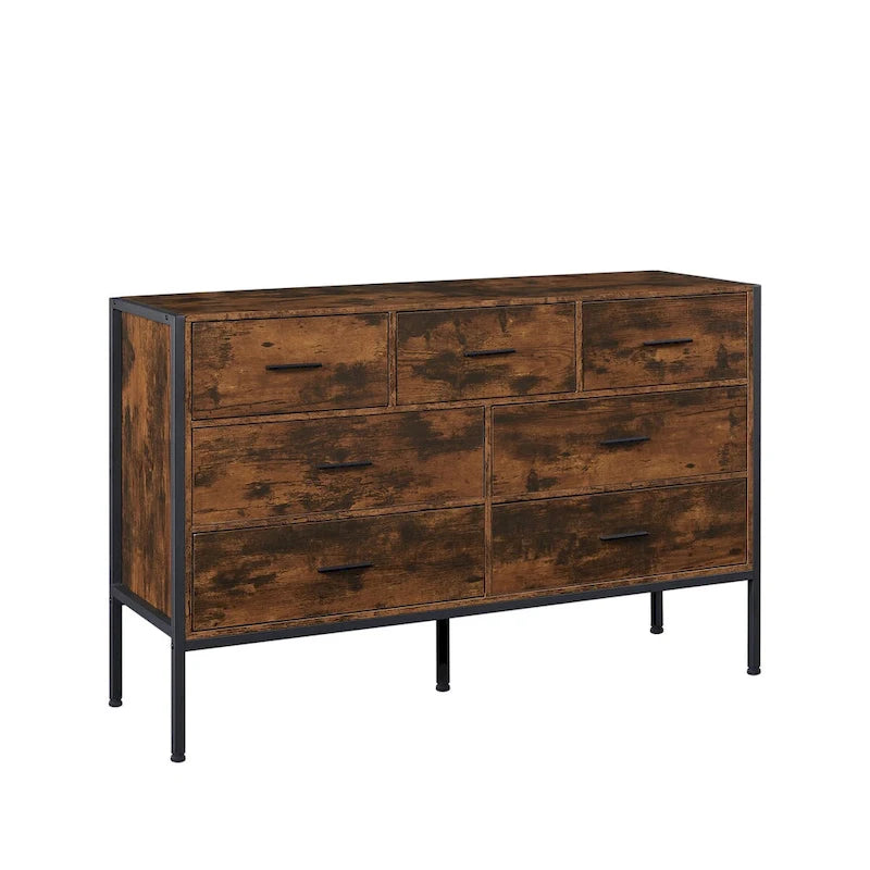 Commode de rangement en bois à 7 tiroirs, armoire à vêtements solide avec cadre en acier robuste, 123,4 cm L x 40 cm P x 79,3 cm H, marron rustique