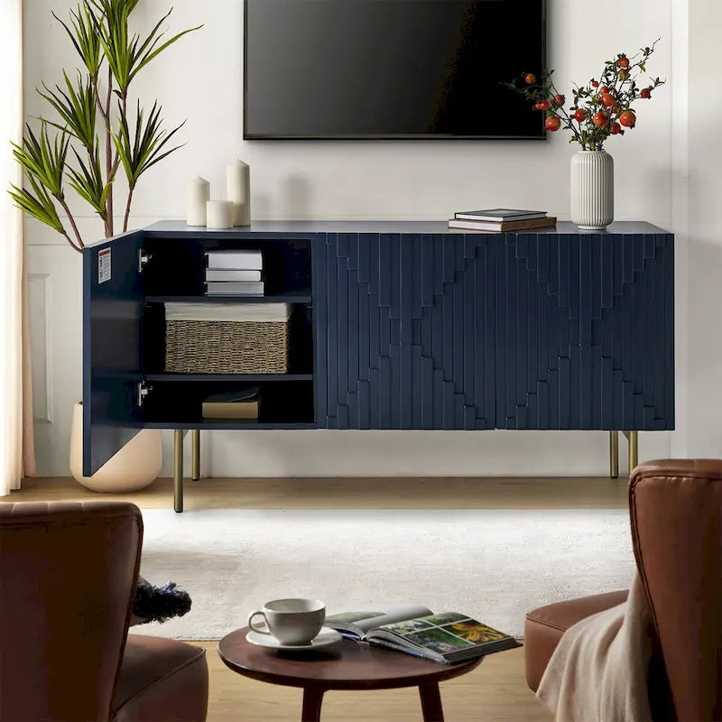 Buffet moderne de 58 po de largeur avec gestion des câbles et pieds réglables