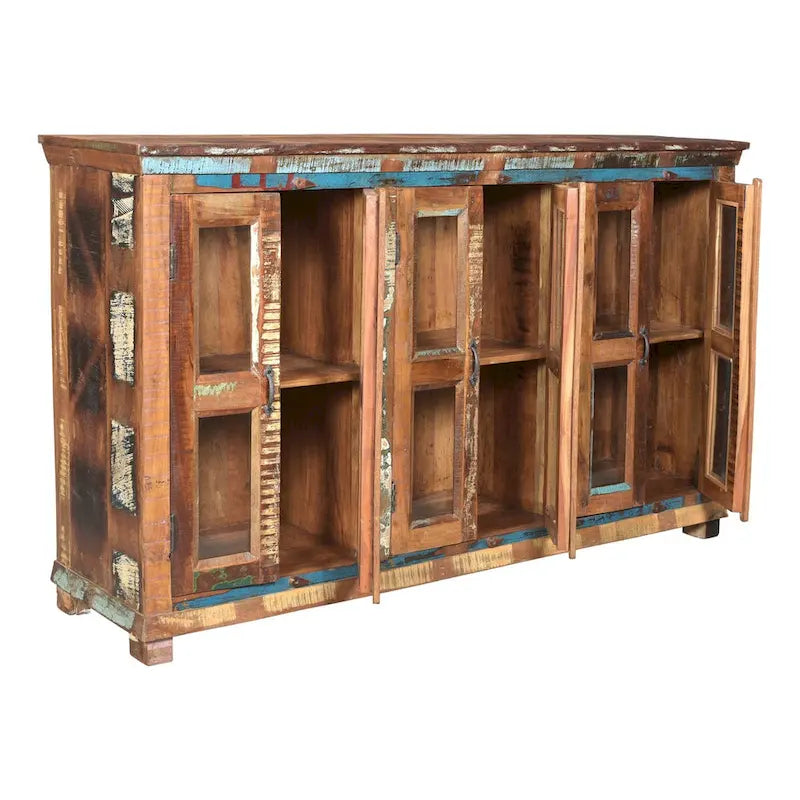 Bahut 6 portes vitrées, bois recyclé multicolore