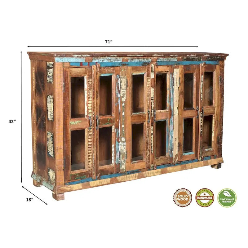 Bahut 6 portes vitrées, bois recyclé multicolore