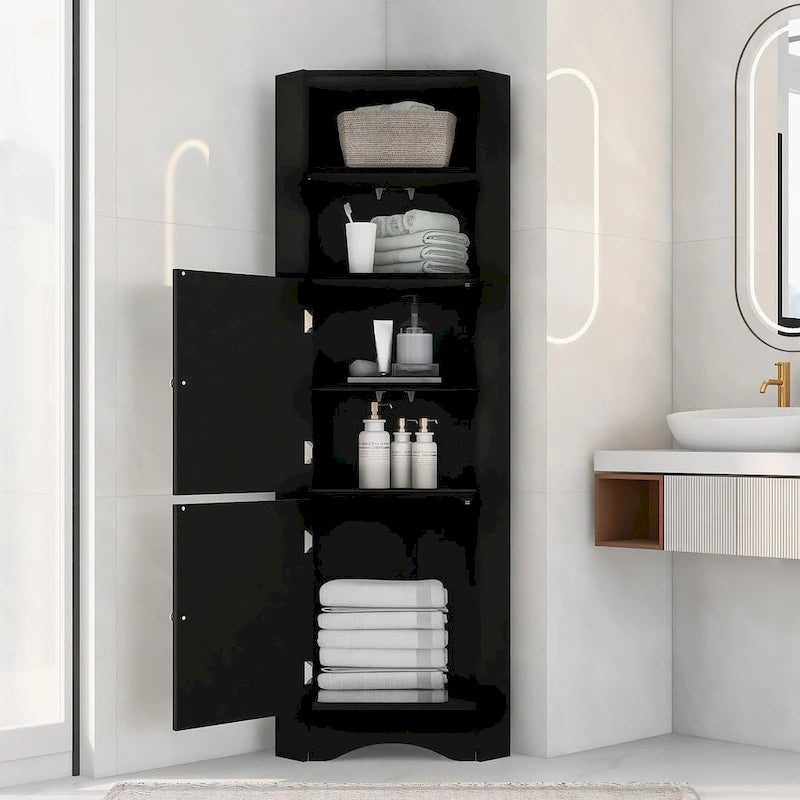Rangement de salle de bain, Armoire d'angle haute avec 2 portes et 4 étagères