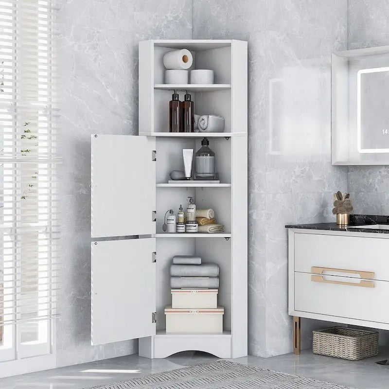 Rangement de salle de bain, Armoire d'angle haute avec 2 portes et 4 étagères