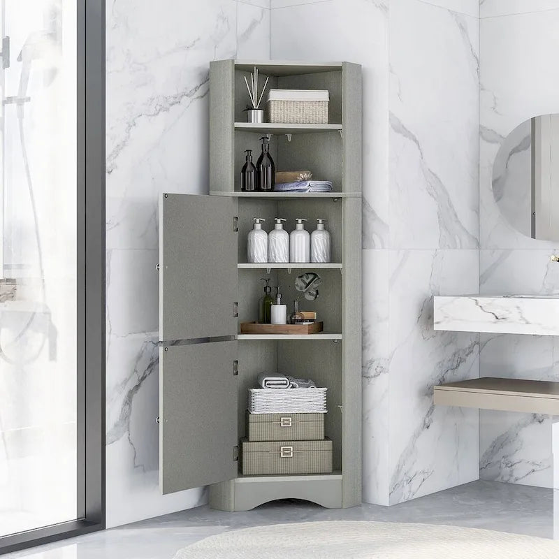 Rangement de salle de bain, Armoire d'angle haute avec 2 portes et 4 étagères