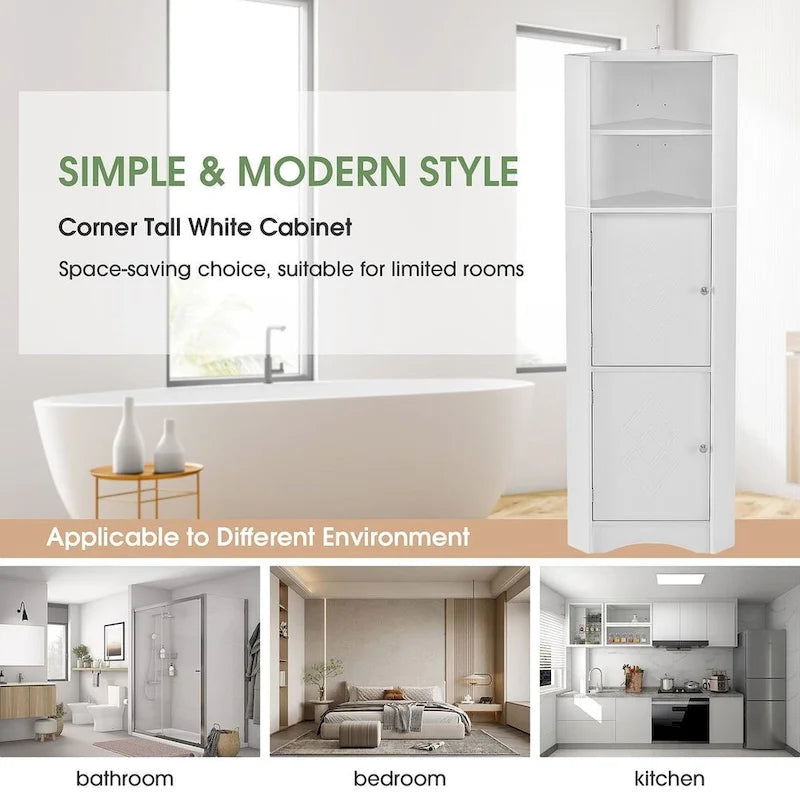 Rangement de salle de bain, Armoire d'angle haute avec 2 portes et 4 étagères
