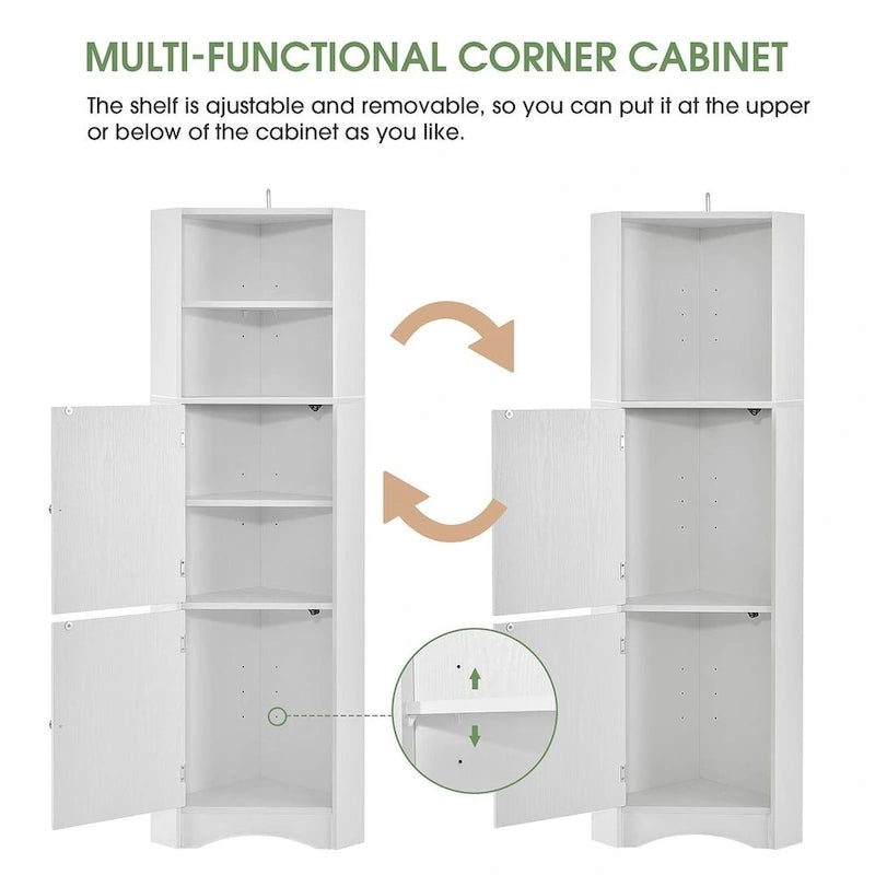 Rangement de salle de bain, Armoire d'angle haute avec 2 portes et 4 étagères