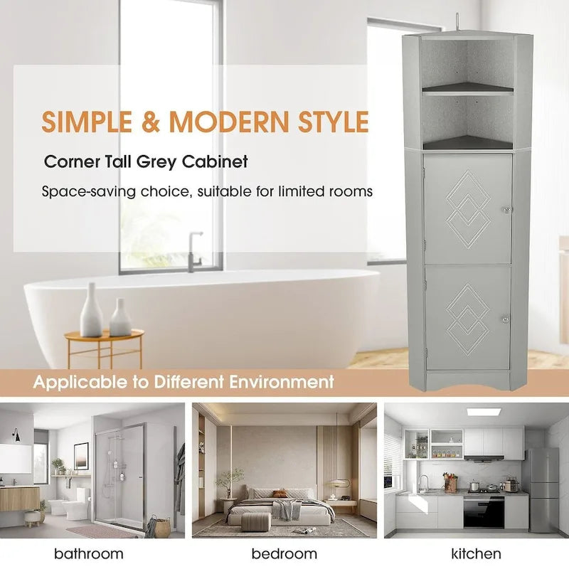 Rangement de salle de bain, Armoire d'angle haute avec 2 portes et 4 étagères