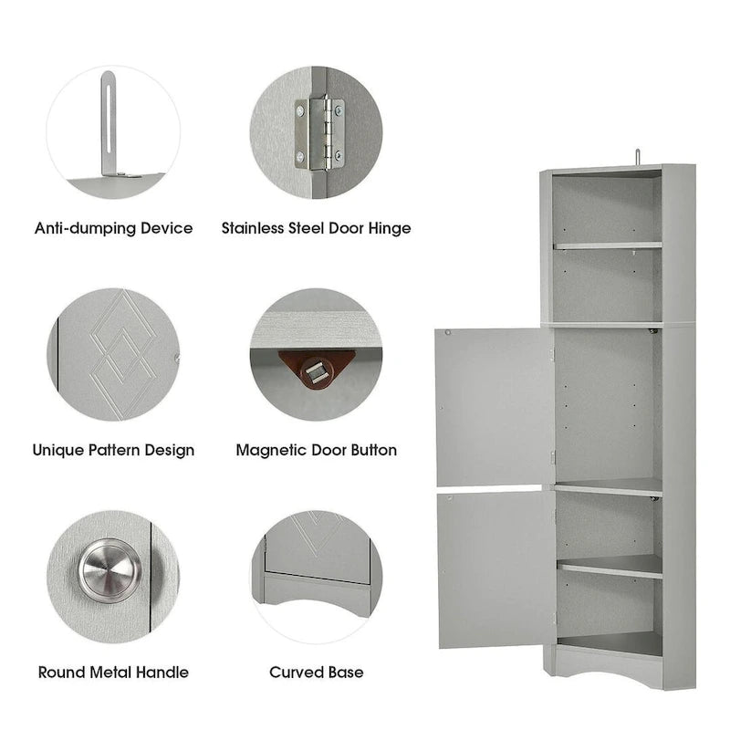 Rangement de salle de bain, Armoire d'angle haute avec 2 portes et 4 étagères