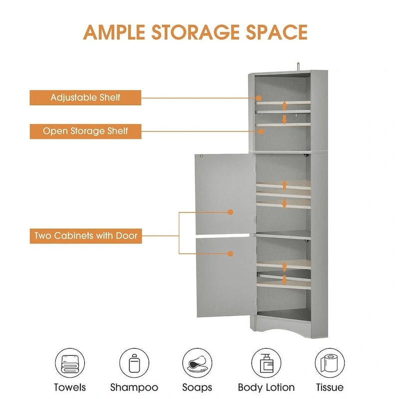 Rangement de salle de bain, Armoire d'angle haute avec 2 portes et 4 étagères