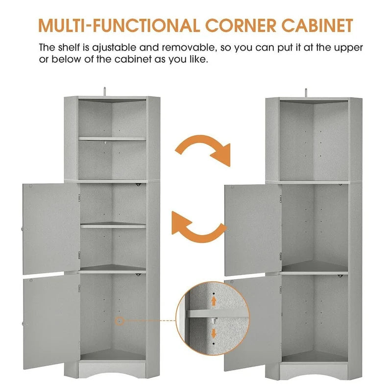 Rangement de salle de bain, Armoire d'angle haute avec 2 portes et 4 étagères