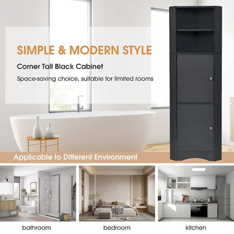 Rangement de salle de bain, Armoire d'angle haute avec 2 portes et 4 étagères