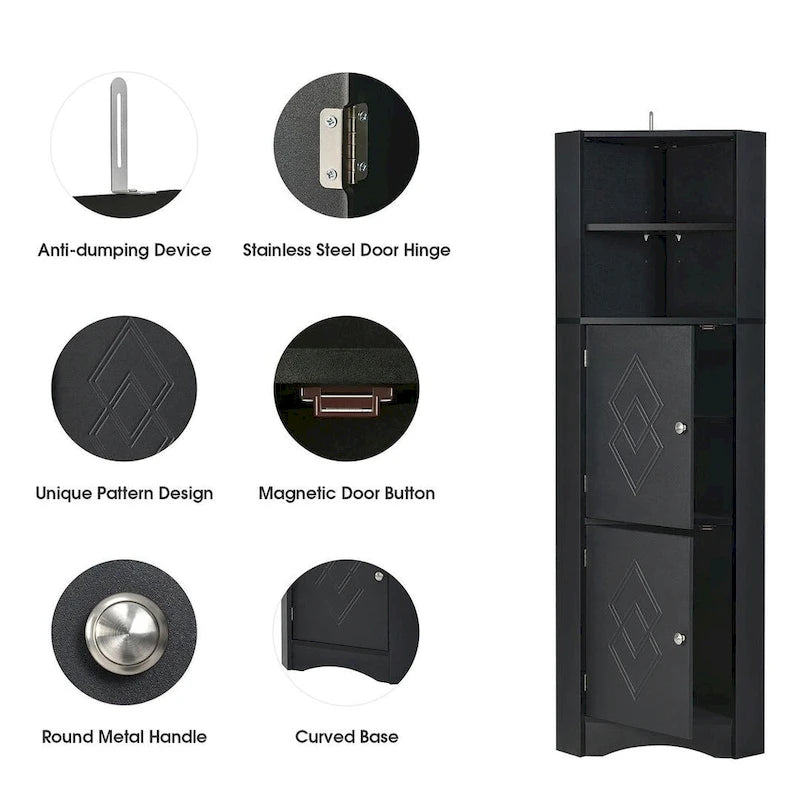 Rangement de salle de bain, Armoire d'angle haute avec 2 portes et 4 étagères