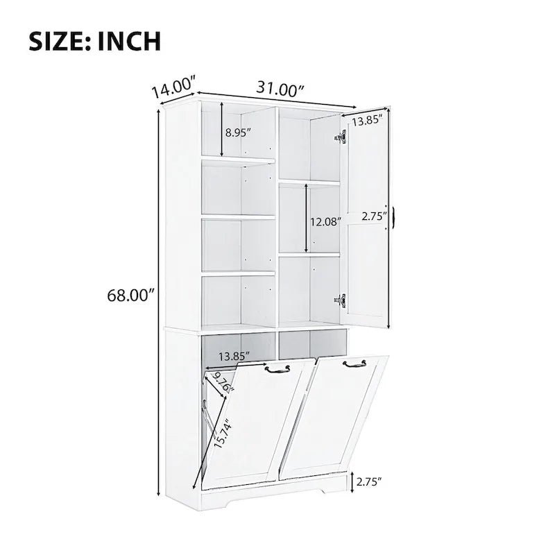 Meuble de Rangement Salle de Bain avec Portes et Tiroirs, Panier à Linge Inclinable, Espaces de Rangement Multiples, Étagère Réglable, Blanc