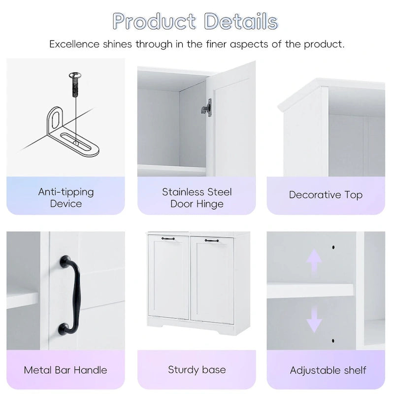 Meuble de Rangement Salle de Bain avec Portes et Tiroirs, Panier à Linge Inclinable, Espaces de Rangement Multiples, Étagère Réglable, Blanc