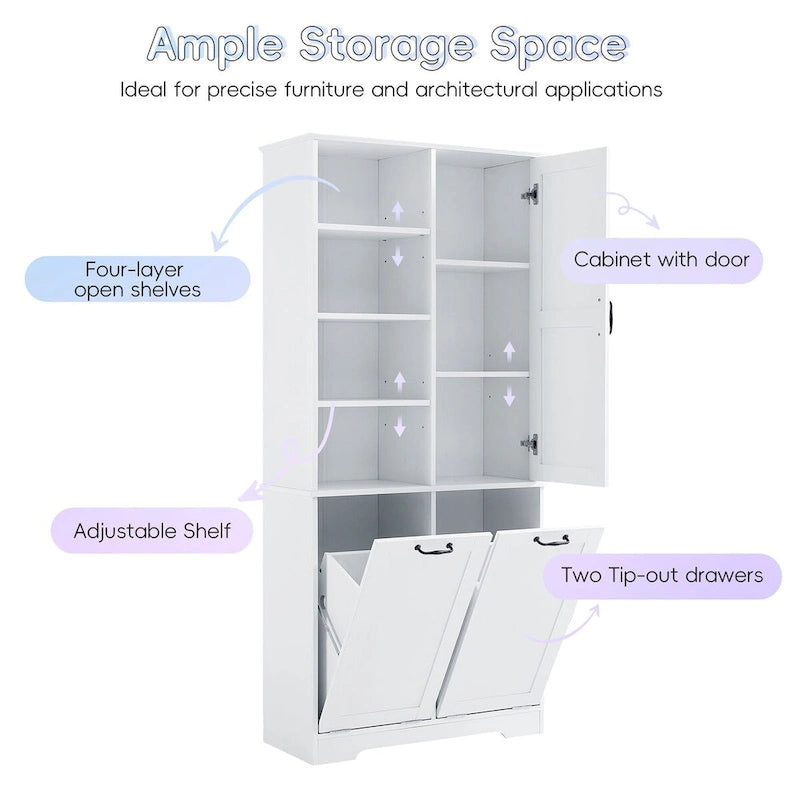 Meuble de Rangement Salle de Bain avec Portes et Tiroirs, Panier à Linge Inclinable, Espaces de Rangement Multiples, Étagère Réglable, Blanc