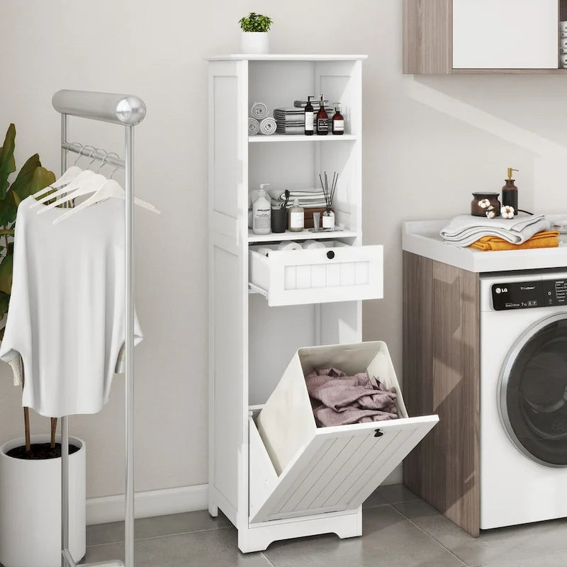 Meuble de tri pour linge avec bac basculant et un tiroir, 1 compartiment - Blanc