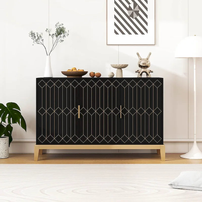 Meuble de rangement 3 portes à lignes sculptées, buffet avec étagère réglable, grand meuble d'appoint de rangement