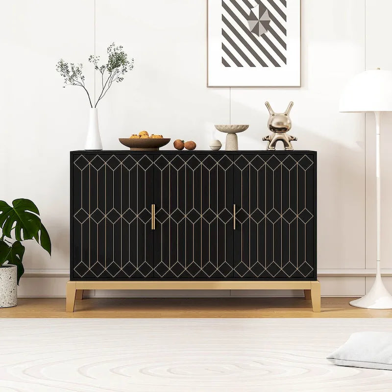 Meuble de rangement 3 portes à lignes sculptées, buffet avec étagère réglable, grand meuble d'appoint de rangement