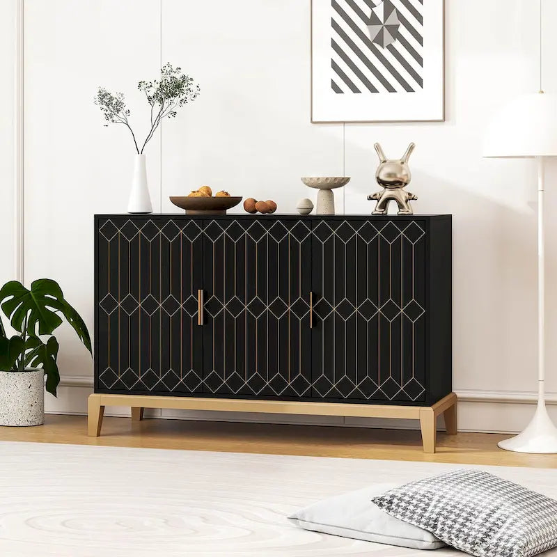 Meuble de rangement 3 portes à lignes sculptées, buffet avec étagère réglable, grand meuble d'appoint de rangement