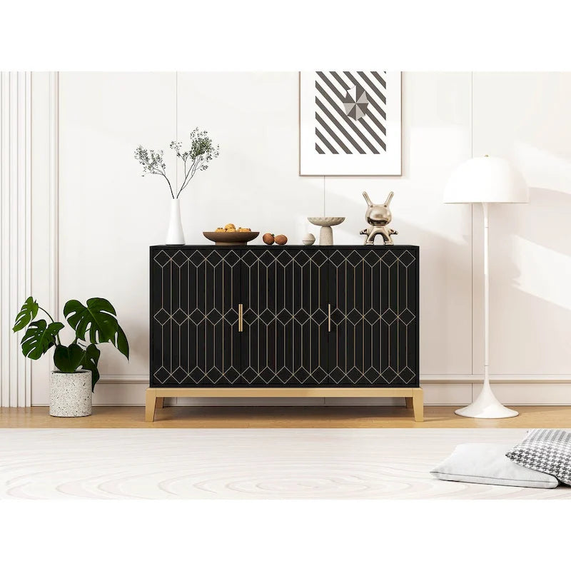 Meuble de rangement 3 portes à lignes sculptées, buffet avec étagère réglable, grand meuble d'appoint de rangement