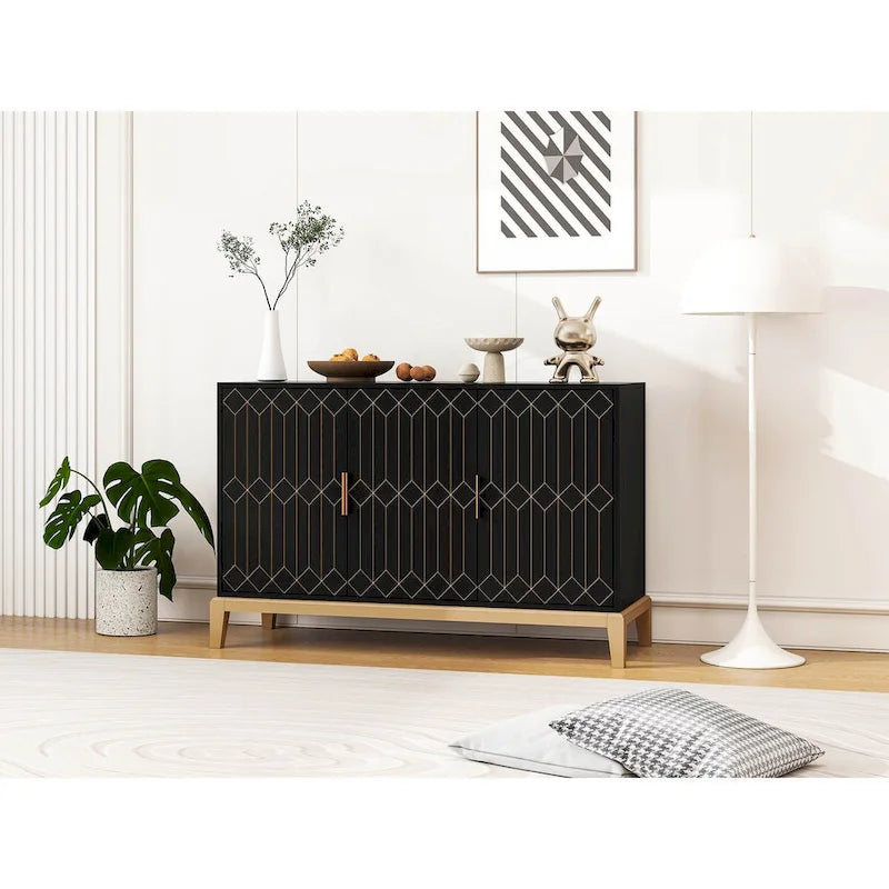 Meuble de rangement 3 portes à lignes sculptées, buffet avec étagère réglable, grand meuble d'appoint de rangement