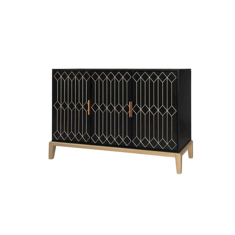 Meuble de rangement 3 portes à lignes sculptées, buffet avec étagère réglable, grand meuble d'appoint de rangement