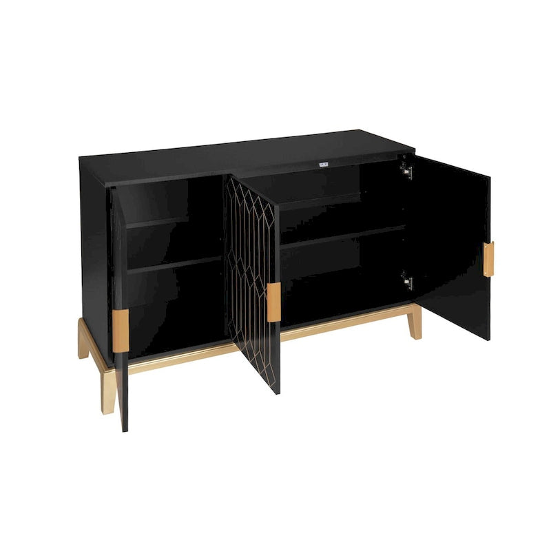 Meuble de rangement 3 portes à lignes sculptées, buffet avec étagère réglable, grand meuble d'appoint de rangement