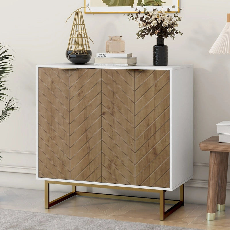 Meuble de rangement blanc et doré à 2 portes, buffet/bahut avec rangement